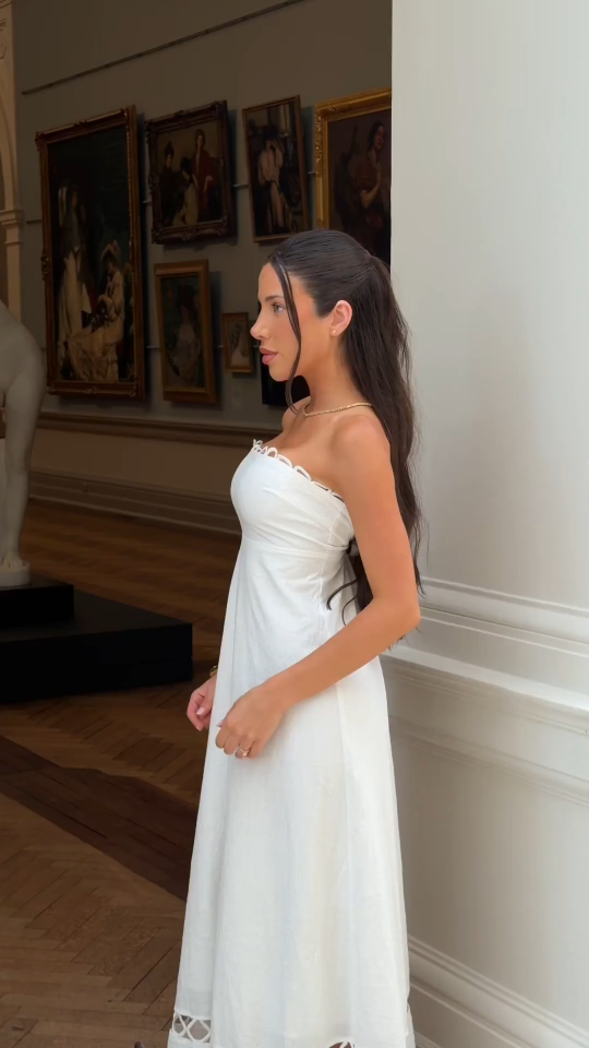 Isobel White Cotton Strapless Maxi Dress with Scallop Trims